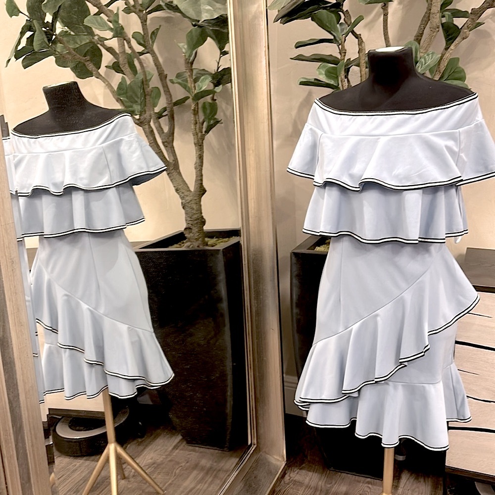 ANTHROPOLOGIE GRACIA Off Shoulder Ruffle Dress Light Blue Trimmed in B/W - Picture 12 of 12